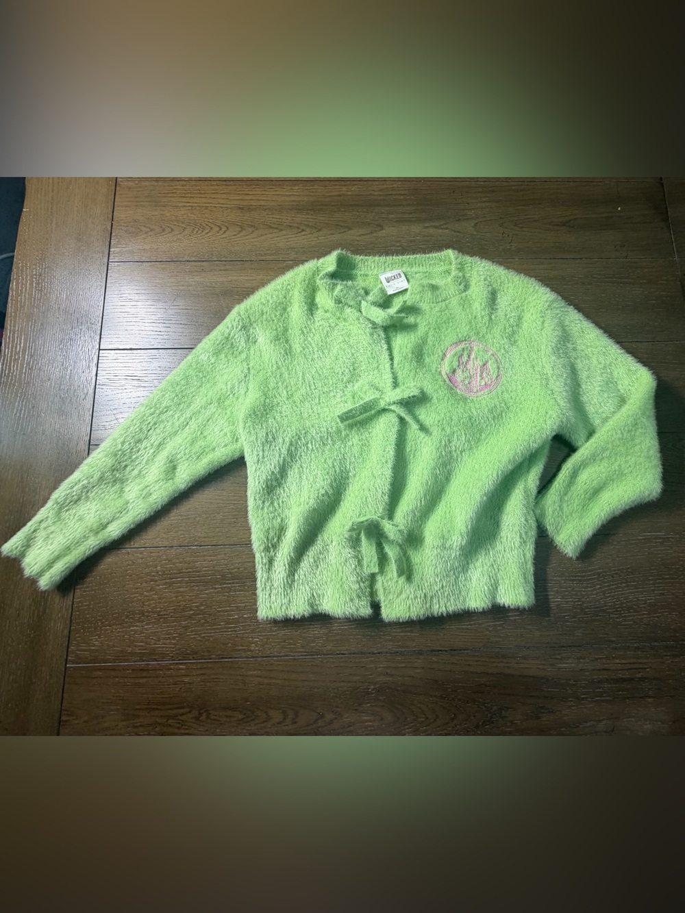 Wicked x Katie Kime Girls Green Cardigan Size M 8 Bow Detail Musical Theater